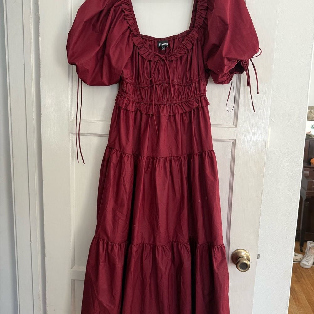 En Saison Burgundy Puff Sleeve Dress